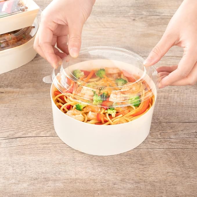 Restaurantware LIDS ONLY: Taipei 6.8 x 6.3 x 0.8 Inch Round Transparent Lids 100 Plastic Lids For 16 And 34 Ounce Round Wooden Containers - Containers Sold Separately Clear Plastic To Go Box Lids