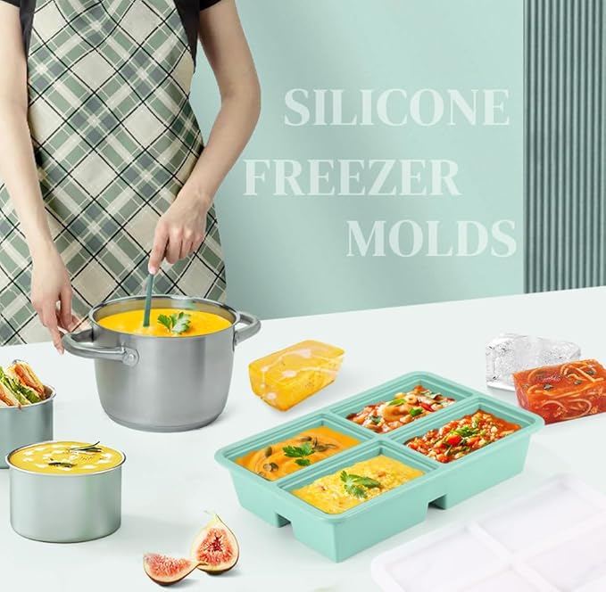 2 PACK Silicone Freezer Trays With Lid, 1 Cup Silicone Freezer Molds, Silicone Soup Freezer Molds For Freeze & Store Soup, Broth, Leftovers, Microwave-safe Soup Freezer Container - Green