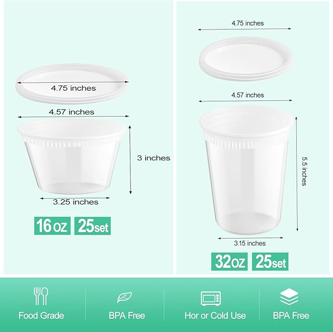 Blcculi 50 Set Deli Containers with Lids,Plastic Deli Food Storage Containers,Leakproof Soup Containers with Airtight Lids,Stackable,Dishwasher,Microwave Safe (16oz-25Set, 32oz-25 Set)