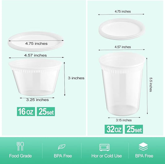 Blcculi 50 Set Deli Containers with Lids,Plastic Deli Food Storage Containers,Leakproof Soup Containers with Airtight Lids,Stackable,Dishwasher,Microwave Safe (16oz-25Set, 32oz-25 Set)