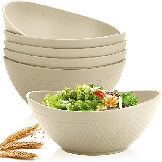 Homienly Salad Bowls Set of 6, 60 OZ Large Wheat Straw Bowls for Kitchen, Camping, Party, Unbreakable Lightweight Popcorn Bowl, Microwave and Dishwasher Safe Bowl Set with Unique Texture - Beige