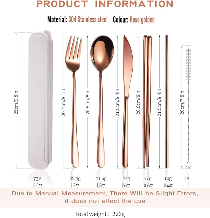 AARAINBOW 6 Pieces 18/8 Stainless Steel Flatware Set Portable Reusable Cutlery Set Travel Utensils Set Including Chopsticks Knife Fork Spoon Straws Cleaning Brush Dishwasher Safe (Rose Gold)