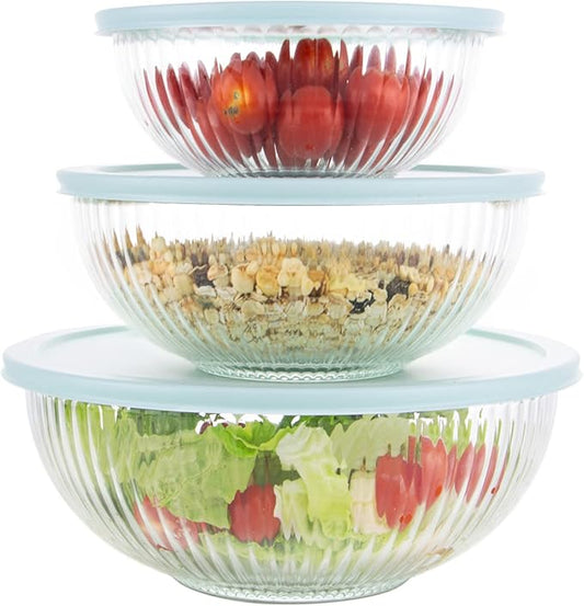 Glass Mixing Bowls with Lids Set of 3(3.7QT, 2.1QT, 1.1QT),Large Kitchen Salad Bowls, Space-Saving Nesting Bowls, Clear Glass Serving Bowls for Cooking,Baking,Prepping,Dishwasher Safe