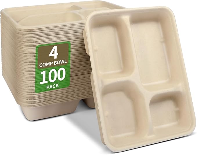Bloomoom 100 Pack 4 Compartment Paper Bowls, Deep Disposable Lunch Trays with 4 Compartment, Microwavable for Food Services at Party, Church, Food Court