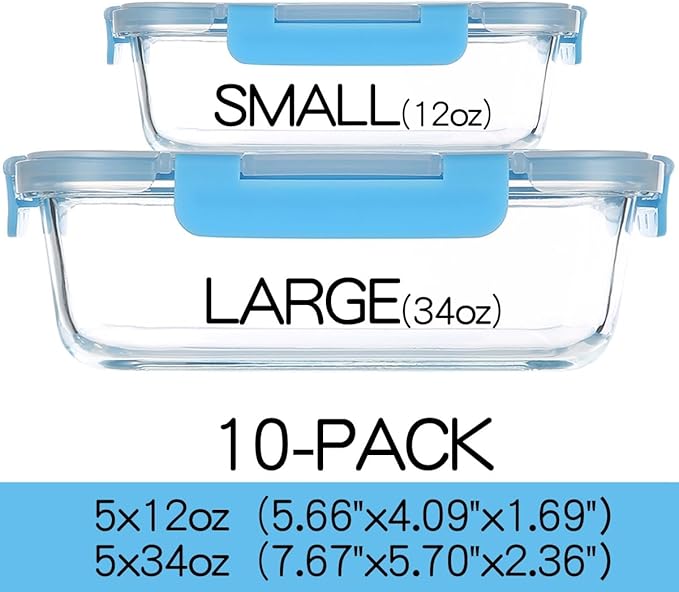 C CREST Glass Meal Prep Containers, [10 Pack] Glass Food Storage Containers with Lids, Airtight Glass Bento Boxes, BPA Free & Leak Proof (10 Lids & 10 Containers)