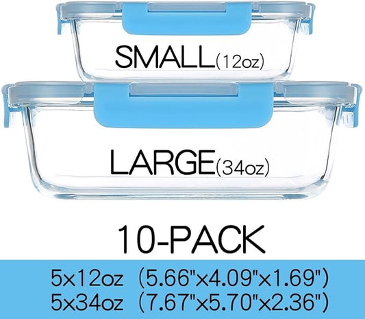 C CREST Glass Meal Prep Containers, [10 Pack] Glass Food Storage Containers with Lids, Airtight Glass Bento Boxes, BPA Free & Leak Proof (10 Lids & 10 Containers)