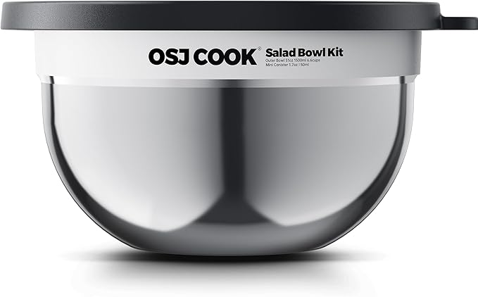 18/8 Stainless Steel Salad Bowl Kit - 51oz, Mixing Bowls with Lids Set, Silver - Comes with 1.7oz Condiment Container and Removable Tray for Organization - Leak-Proof, Easy to Clean, Dishwasher Safe