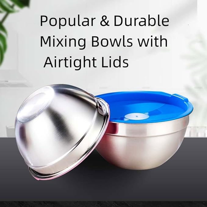 MIKULA Mixing Bowls, Mixing Bowl Set with Lids, 22PCS Large Stainless Steel Mixing Bowls & 400ML Measuring Cups Spoons Storage Nesting Metal Baking Bowl 7/6/4.5/3.5/2.5QT for Kitchen Supplies
