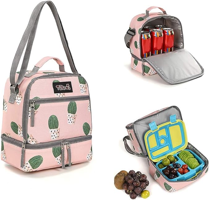 Tilami Lunch Bags Insulated Adjustable Strap Zipper, Two Compartments Cooler Bags, Bento Bags for Kids Toddlers, Cactus