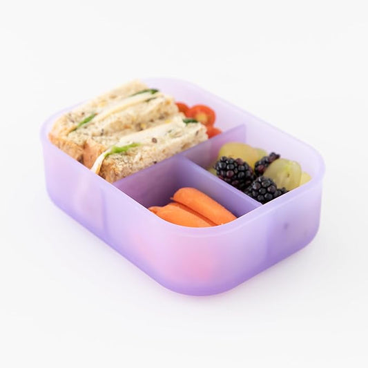 Bumkins Snack/Lunch Bento Box for Kids and Adults, 3 Compartment Container, Leak Proof Lid, for Portioning, Large Section Can Hold Sandwich, Food-Safe LFGB Platinum Silicone, Microwave-Safe, Purple