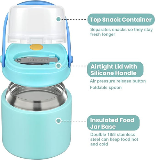 2-In-1 Soup Thermo for Hot Food Kids, 15 Oz Insulated Food Container and a Snack Box, Wide Mouth, Leak Proof, Stainless Steel Spoon, Dishwasher Safe Food Thermo Set for School, Work,Tiffany Blue