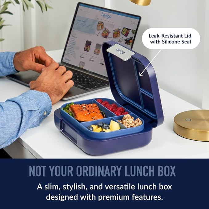 Bentgo Modern - Leak-Resistant Bento Lunch Box For Adults, Teens, & Larger Appetites; Reusable BPA-Free Meal Prep Container with 3 or 4 Compartments, Dishwasher/Microwave Safe; 44oz (Navy)