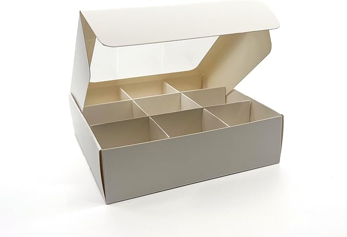 Treat boxes with window and dividers | 9 SMALL compartments | 6.5 x 6.5x 1.9 in | Chocolate covered strawberries supplies, macaron boxes, baked goods packaging | 10-pack (White)
