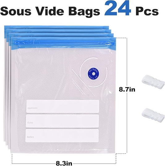 Sous Vide Bags Vacuum Zipper Sealer Bag for Food 24 PCS, Reusable Vacuum Seal Bags with Sealing Clips for Sous Vide Cooking,Freezer Safe,Microwave Heating and Food Storage(10"X11")
