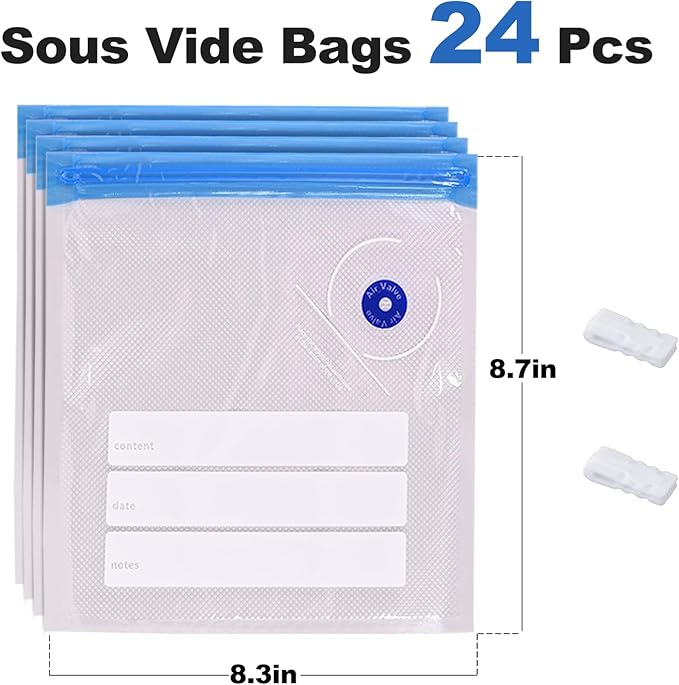 Sous Vide Bags Vacuum Zipper Sealer Bag for Food 24 PCS, Reusable Vacuum Seal Bags with Sealing Clips for Sous Vide Cooking,Freezer Safe,Microwave Heating and Food Storage(10"X11")