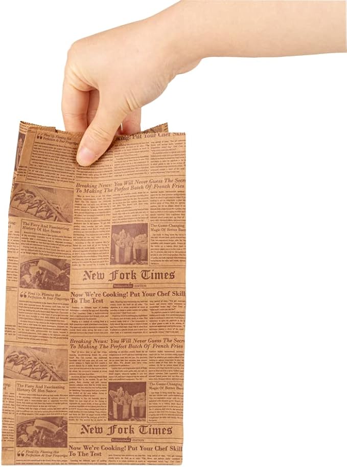 Restaurantware Bag Tek 4 Lb Disposable Lunch Bags 100 Sturdy Take Out Bags - Flat Bottom Microwavable Kraft Newsprint Design Paper Bags Freezable Great For Restaurants Cafes And Bakeries