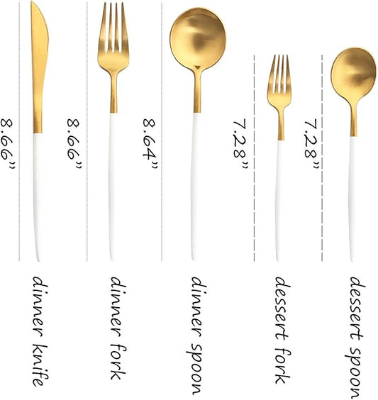 Silverware Set, Hand polished Matte Gold White Flatware Cutlery Set Service for 4, Satin Finish 20 Pieces 18/10 Stainless Steel Utensils Set for Home and Restaurant, Dishwasher Safe