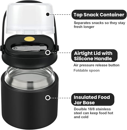 2-In-1 Soup Thermo for Hot Food Kids, 15 Oz Insulated Lunch Container and a Snack Box, Wide Mouth, Leak Proof, Stainless Steel Spoon, Dishwasher Safe Food Thermo Set for School, Work, Travel, Black