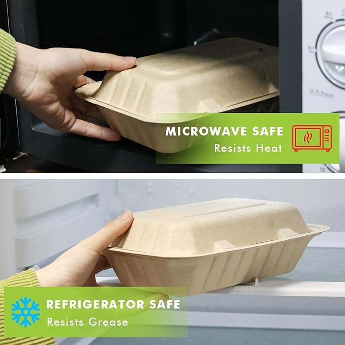 [8X8", 50-Pack] 100% Compostable Clamshell Food Containers for Takeout - Heavy-Duty Quality Assurance Crafted from Natural Disposable Bagasse of Sugar Cane Fibers, Truly Eco-Friendly& Biodegradable.