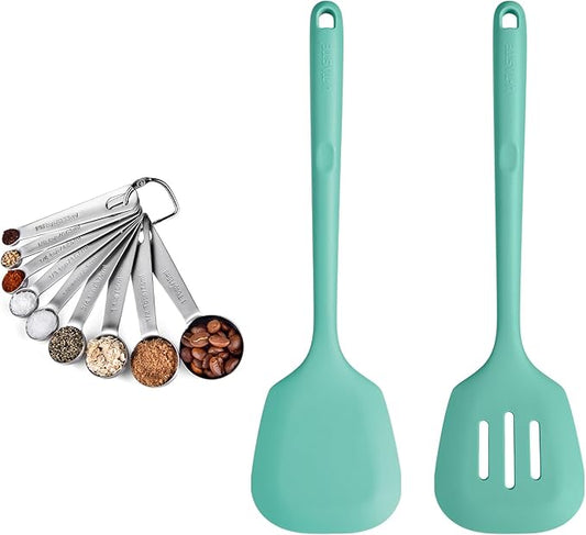 18/8 Stainless Steel Measuring Spoons Set for Dry and Liquid Ingredients (Set of 9), and 600℉ Heat Proof Long & Wide Silicone Solid & Slotted Turner Set of 2 for Egg, Pancake (Aqua Sky)
