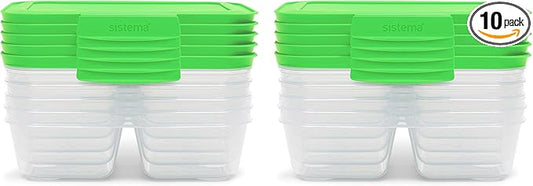 Sistema Nest It Meal Prep Food Storage Containers with Lids, 2 Compartments, 3.7 Cups, Plastic, 10-Pack, Green
