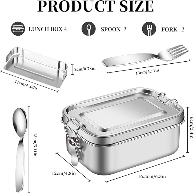 Dualshine 4 Pack Stainless Steel Bento Box 850ml Stainless Steel Containers with Lids Metal Lunch Box with Partition, 2 Spoons and Forks Lockable Clip for Leak Prevention Bento Box Adult for Travel