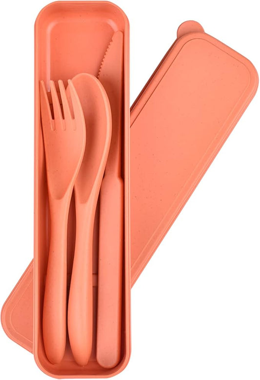 Travel Cutlery Set with Case, Portable Dark Wheat Straw Silverware Utensils Set for Adults, Tableware Camping Utensils for Kitchens Travel Picnic Camping or Daily Use (Dark orange)