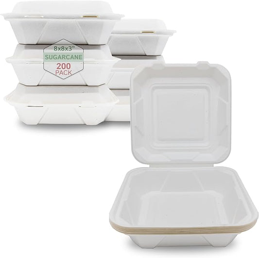 Priority1 Paper 8x8 Inch, 200 Count, 1 - Compartment to go Containers with Lids, Disposable Take Out Food Containers, Microwave Safe Clamshell