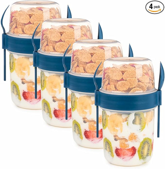 4 Pack On The Go 22 oz Breakfast Cups with Lids and Spoon, Reusable Cereal Yogurt Cup with Topping Plastic Overnight Oats Container for Granola Oatmeal (37 oz - Navy Blue - 4 Pack)