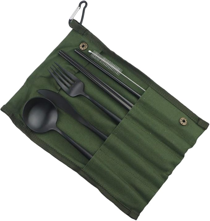Reusable Travel Utensils, 7 Piece Portable 304 Stainless Steel including Knife Fork Spoon Chopsticks Cleaning Brush Straws Portable Pouch, Eco-friendly Camping Silverware Set, Dishwasher Safe