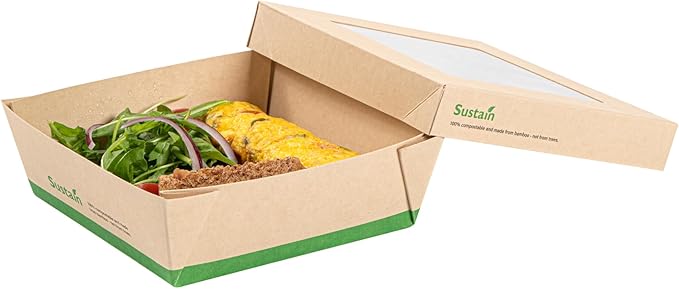 Restaurantware-34 Ounce Sturdy Paper Take Out Boxes, 200 Disposable Take Out Food Containers - With PLA lining, Paper Lid With Clear PLA Window, Bamboo Paper Containers, Compostable, Greaseproof