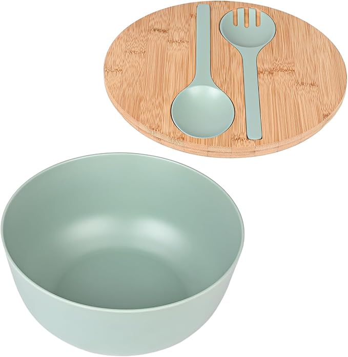 Bamboo Fiber Salad Bowl with Servers Set Large 9.8inches Nature Bamboo Mixing Bowl with Servers with Lid Spoon and Fork for Fruits,Salads and Vegetables