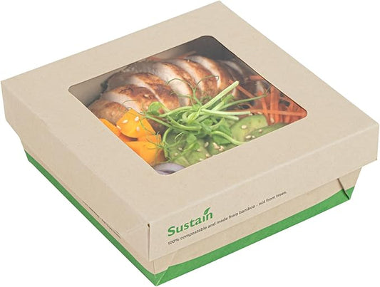 Restaurantware-27 Ounce Sturdy Paper Take Out Boxes, 200 Disposable Take Out Food Containers - With PLA lining, Paper Lid With Clear PLA Window, Bamboo Paper Containers, Compostable, Greaseproof