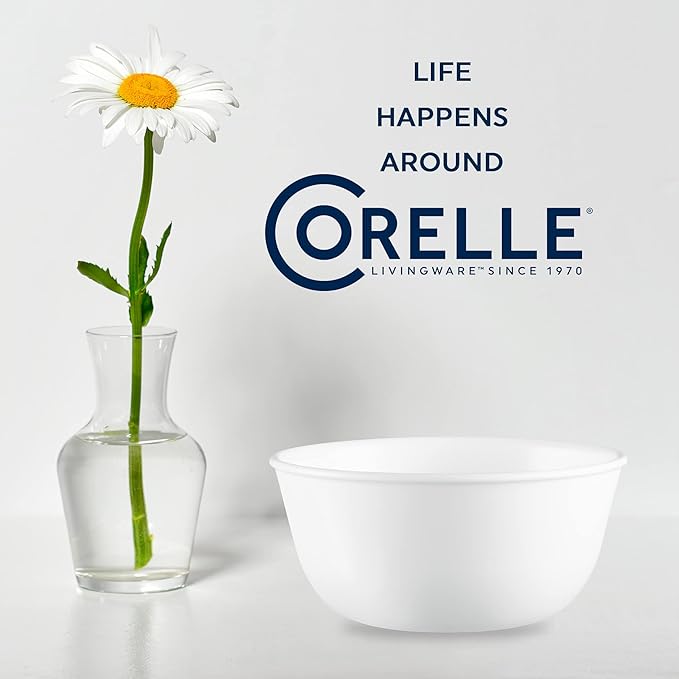 Corelle Vitrelle 6-PC Medium 28-oz Glass Soup/Cereal Bowls Set, Chip & Crack Resistant Dinnerware Bowls for Soup, Ramen, Cereal and More, Winter Frost White