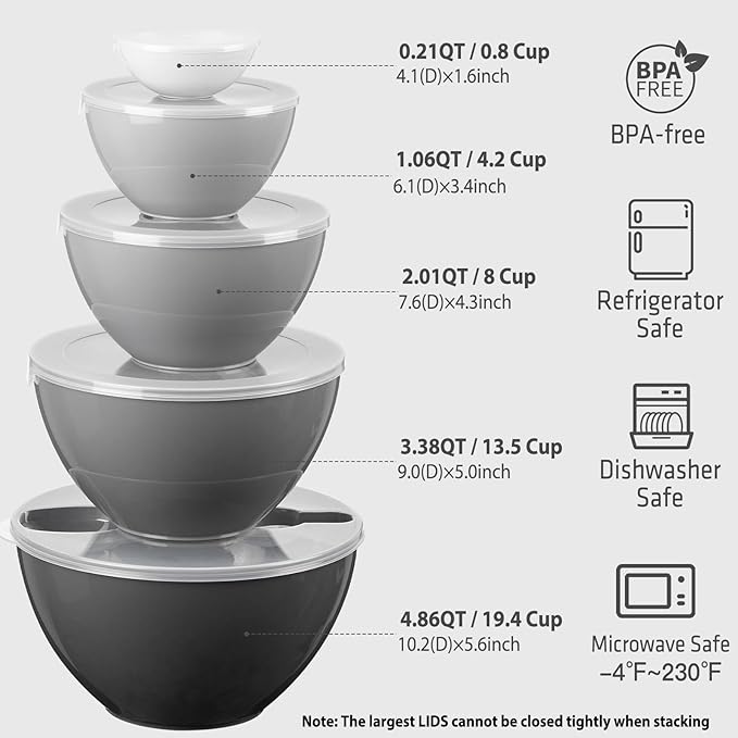 LUXEAR Mixing Bowls with Lids Set, 12 Pieces Plastic Nesting Bowls Includes 5 Prep Bowls, 5 Lids, 2 Cooking Spoons(Can Convert into Tongs), Microwave Dishwasher Safe for Mixing Serving Baking Storing