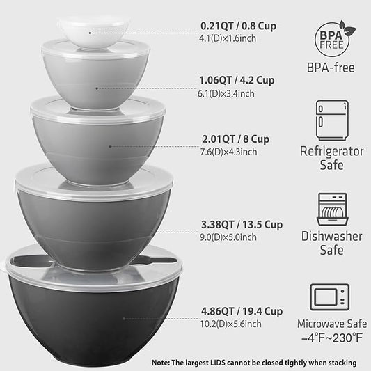 LUXEAR Mixing Bowls with Lids Set, 12 Pieces Plastic Nesting Bowls Includes 5 Prep Bowls, 5 Lids, 2 Cooking Spoons(Can Convert into Tongs), Microwave Dishwasher Safe for Mixing Serving Baking Storing
