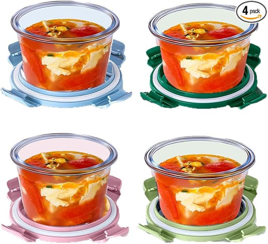 4-Pack Glass Food Storage Container With Airtight Lids,2-Cup Glass Meal Prep Containers With Lids, Small Leak Proof Soup Bowls, Reusable Glass Lunch Boxes, Dishwasher Microwave Freezer Safe