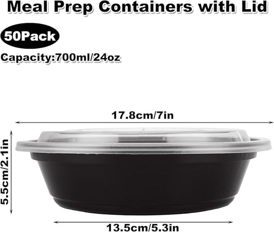 50 Pack 24 oz / 700 ml Meal Prep Containers with Lids, Plastic Thick Food Storage Containers, Round Meal Prep Bowl, BPA-Free, Freezer & Dishwasher Safe-Black