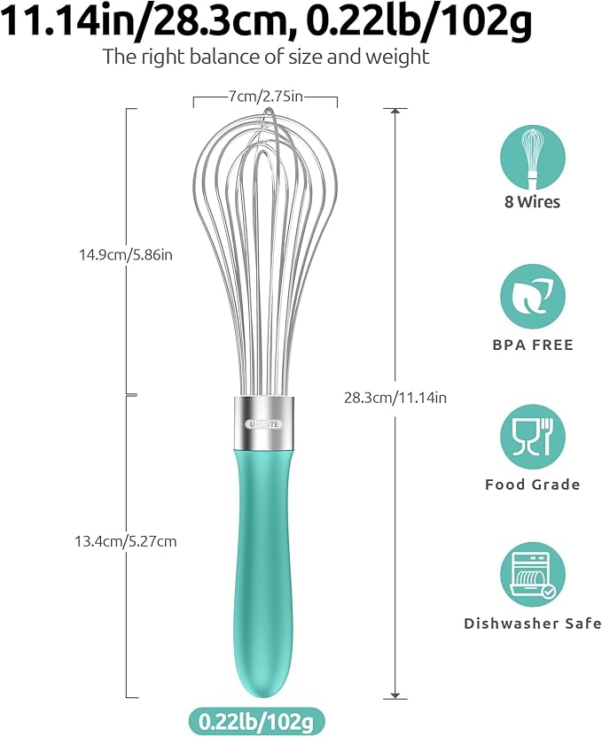 18/8 Stainless Steel Measuring Spoons Set for Dry and Liquid Ingredients (Set of 5), and 18/10 Stainless Steel Balloon Whisk for Kitchen Cooking with 8 Flex Wires (Aqua Sky)