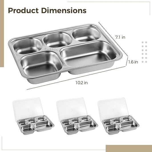 3 Pack Stainless Steel Snack Containers with Lids, 5-Compartment Reusable Meal Prep Lunch Trays with PP Lids, Divided Food Storage Container for Cafeteria Restaurant Travel, 10.2 in x 7.1 in x 1.6 in