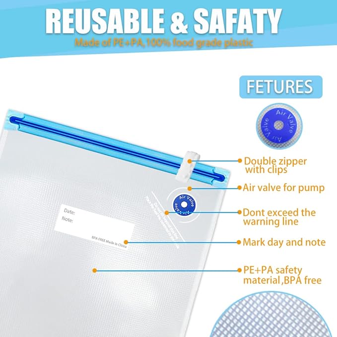 Sous Vide Bags 20pcs 8.3x8.7in/21x22cm BPA Free Reusable Vacuum Sealer Bags Keep Food Fresh