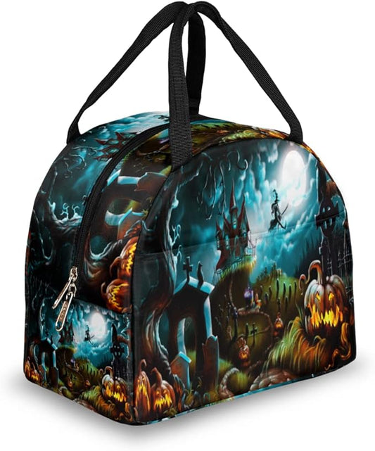Insulated Lunch Bag for Women Men Halloween Witch Castle Pumpkin Waterproof Thermal Tote Bag Reusable Lunch Box Container Lunch Holder Leakproof Lunch Cooler Bag Picnic Travel Work