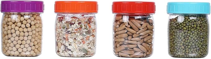 novelinks 8oz Plastic Jars With Lids Colorful Lid Mason Jars 16 Pack 8 oz Plastic Containers With Lids For Diy Food Milkshake Salads Snake Jams Spices (16)