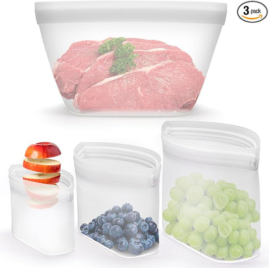 Reusable Silicone Food Storage Bags - 100% Food Grade BPA-Free, Freezer/Microwave/Dishwasher Safe | Stand-Up Zip Closure, Leakproof Eco-Friendly Meal Prep Containers (3 Pack)