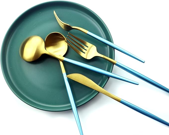 20 Pieces Matte Gold Blue Handle 18/10 Stainless Steel Silverware Set, Flatware Set Titanium Black Cutlery Set, Utensils Set for Home Restaurant Service Set for 4, Dishwasher Safe (Blue Gold)