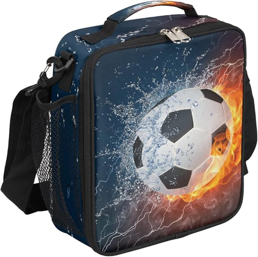 Soccer Kids Lunch Box Flame Soccer Insulated Lunch Bag for Boys Girls Reusable Food Container Tote Cooler Warm Pouch for School work Office Beach