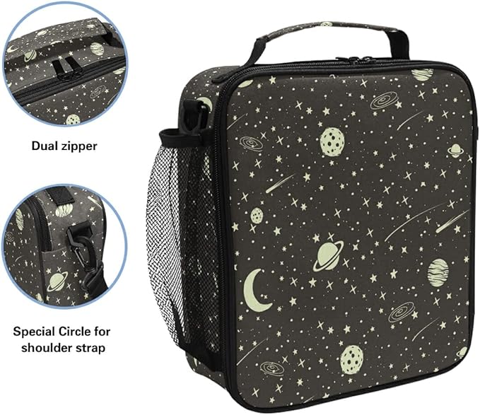 Pfrewn Galaxy Outer Space Lunch Box for School Kids Vintage Space Stars Planets Moon Meteorites Insulated Lunch Bag Reusable Cooler Meal Prep Bags Lunch Tote with Shoulder Strap for Office Adult