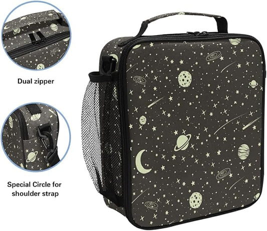 Pfrewn Galaxy Outer Space Lunch Box for School Kids Vintage Space Stars Planets Moon Meteorites Insulated Lunch Bag Reusable Cooler Meal Prep Bags Lunch Tote with Shoulder Strap for Office Adult