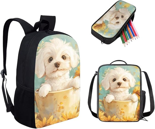 Dolyues Sunflower Cup Dog Girls Backpack Bundle: 17 Inch Children’s Backpack, Double Compartment Lunch Bag & Shimmer Pencil Case - Washable & Scratch-Resistant