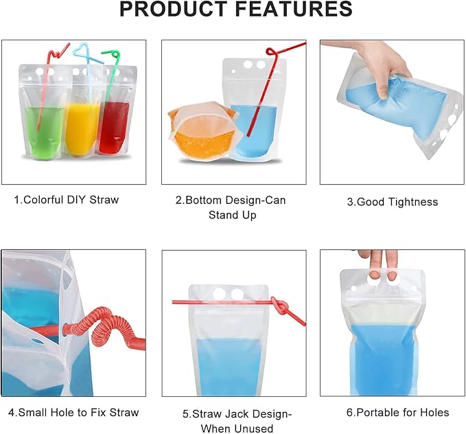 100 Pcs Drink Pouches with 100 Straws, Juice Pouches with 30Pcs Disposable Freezable Ice Popsicle Mold Bags, Drink Pouches for Adults and Kids, Clear Pouch for Cold & Hot Drinks (100Pcs)